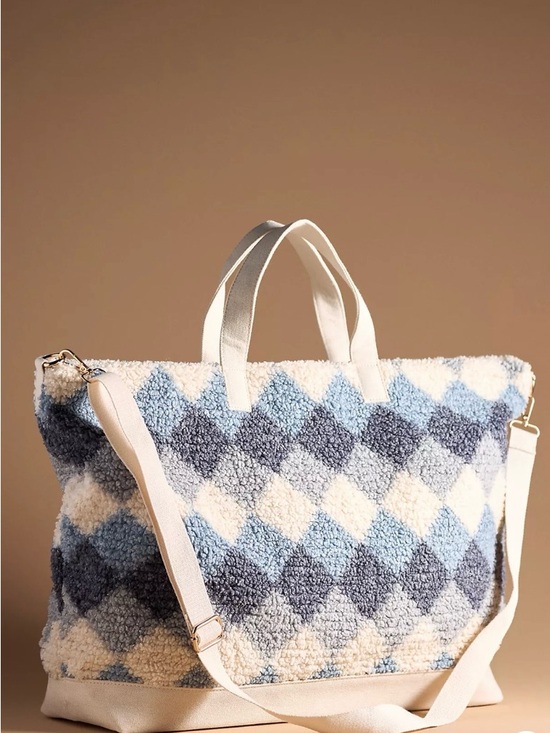Anthropologie Handbags - Anthropologie Cozy Sherpa Diamond-Pattern Tote in Blue and Cream, NWT